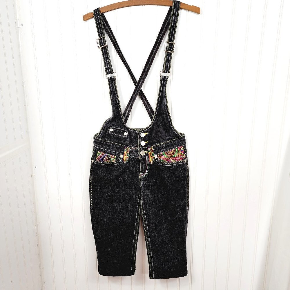 Vintage Coogi Jeans Denim Overall Shorts Embroidered Design Black Size 5/6